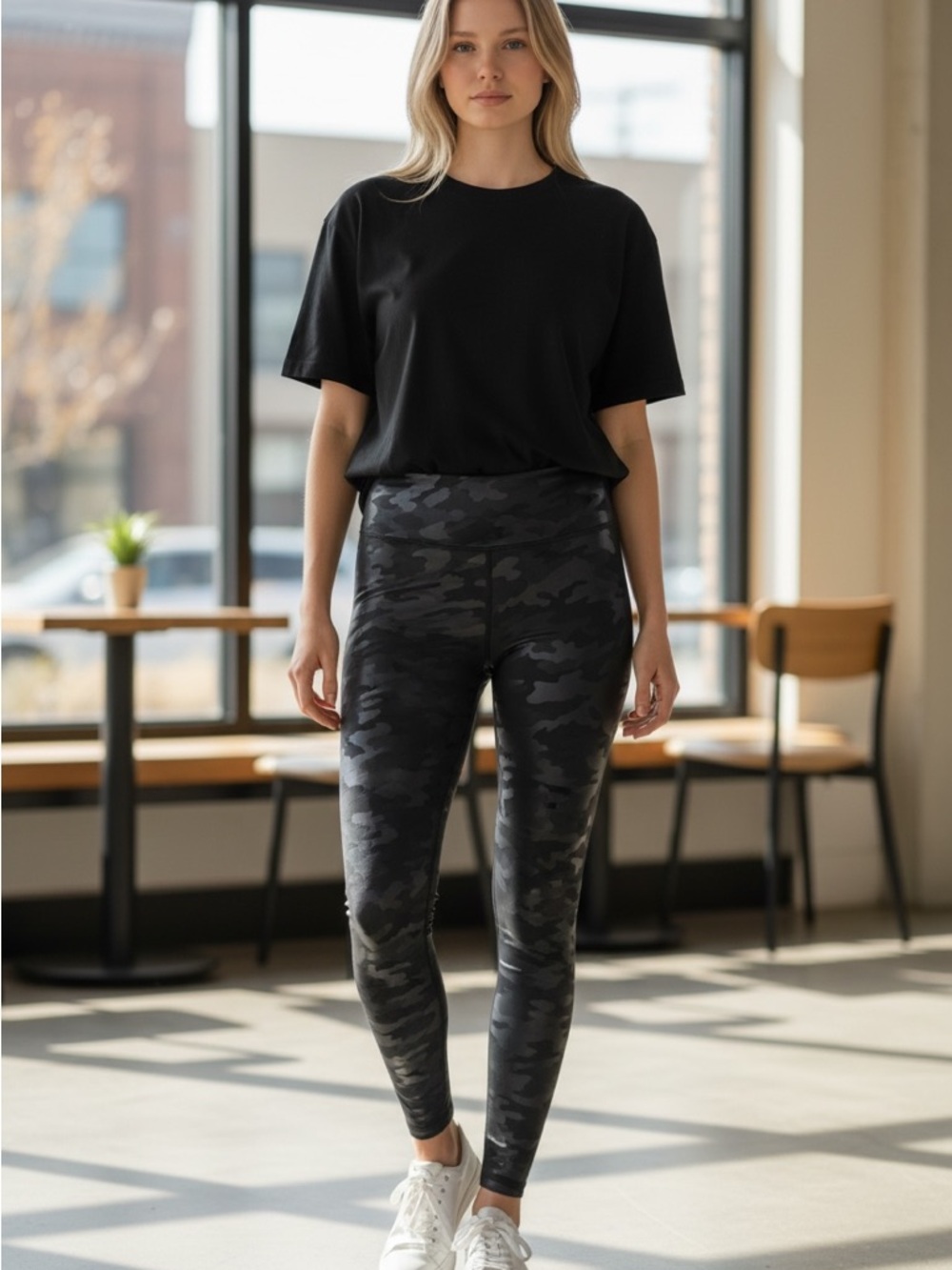 Spanx High-Waist Black Camo Faux Leather Leggings - Women's Activewear